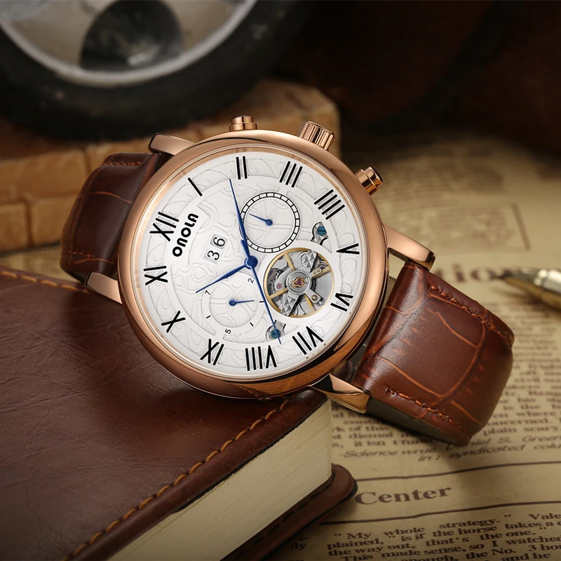 

ONOLA Genuine leather Automatic Mechanical Watch man Tourbillon Fine steel Fashion Business Sports big dial Mens Watch