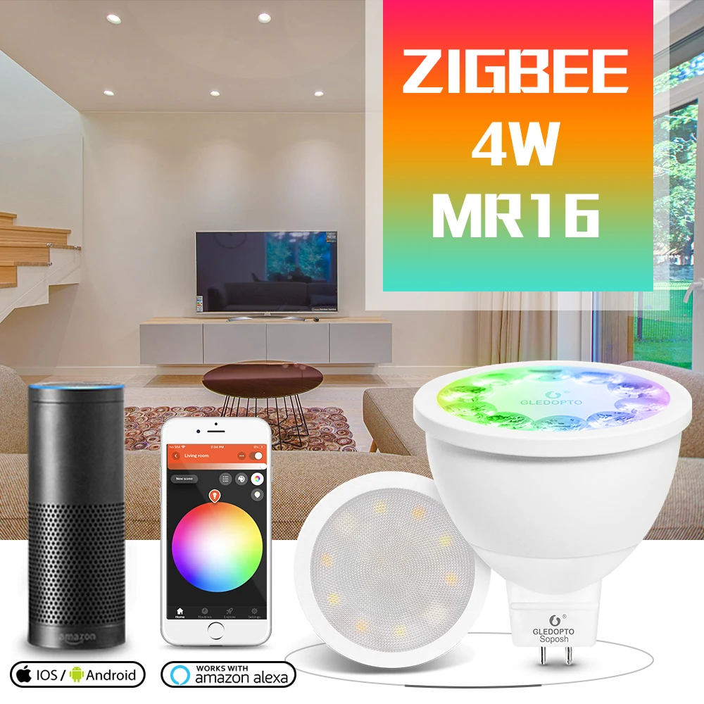 

GLED0PTO ZIGBEE Mr16 led spotlight 4W RGB/CCT LED BULB DC12V work with smartthins zigbee hub echo plus smart phone control light