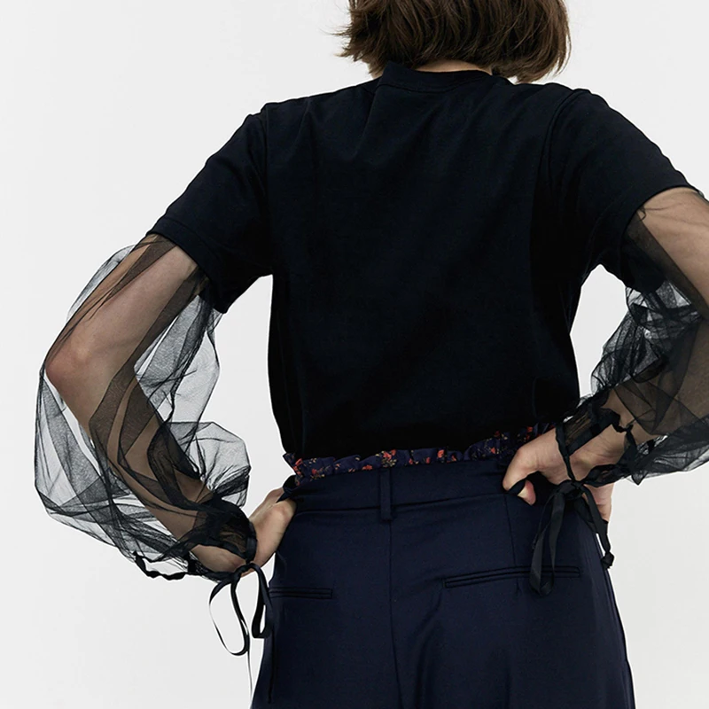 Женская футболка CHICEVER Сетчатая с длинным рукавом и круглым вырезом 2020 | одежда