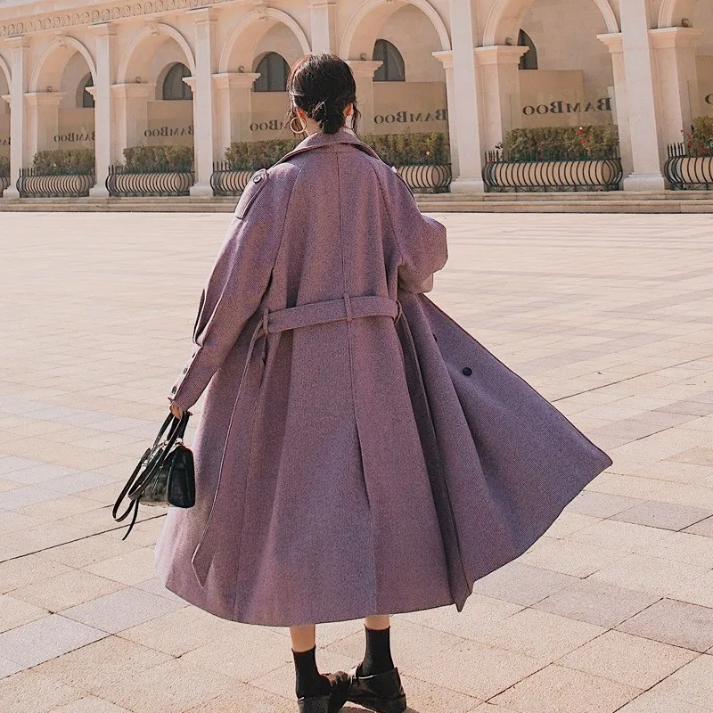 

New Fashion Elegant Women Belted Loose Fit Long Wool Blends Coat Office Lady Purple Trench Coats Military Style Woolen Overcoat