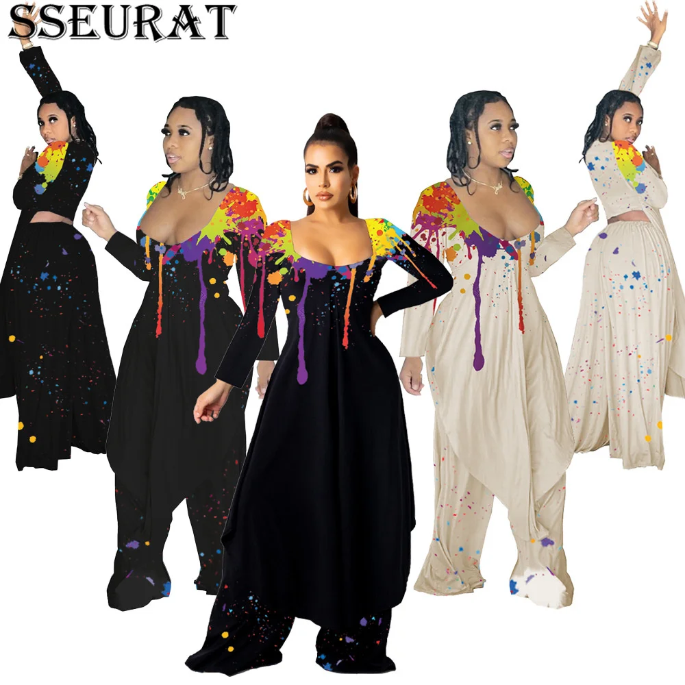 

SSEURAT Print Sweatsuit Women's Set Slit Side Crop Tops and Straight Pants Matching Two 2 Piece Set Tracksuit Outfits