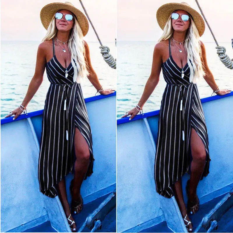 Женщины Лето В стиле бохо Полосатое Макси платье с v образным вырезом Вечерние