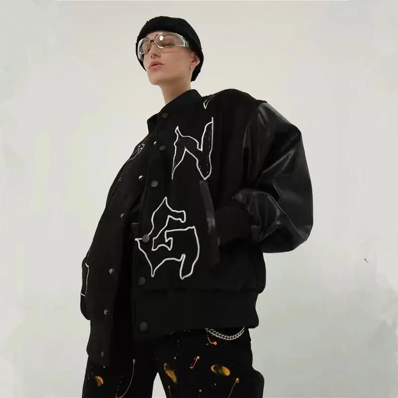 

Streetwear Jackets Men Women Spring Embroidered Hotfix Rhinestone Coat Couples Hip-hop Trendy Loose Stitching Baseball Uniform