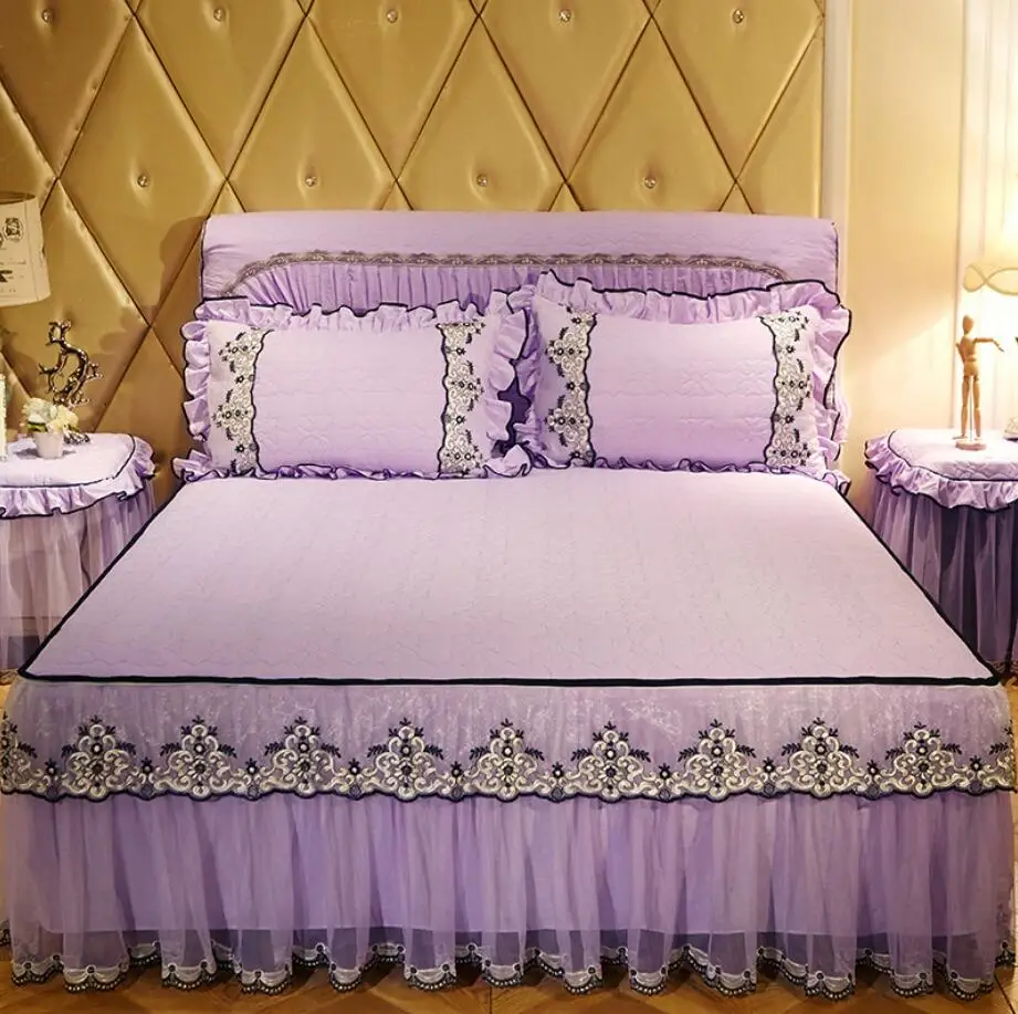 

Korean Style Home Textile Princess Bedspread Bed Cover With Cotton Purple Thicken Warm Lace Bedding Bed Skirt Linen King Queen