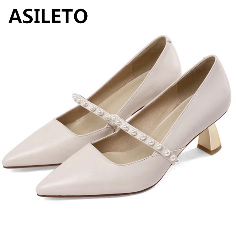 

Женские туфли-лодочки ASILETO, из натуральной кожи, с острым носком, без застежек, с бусинами, на необычном каблуке 6 см, размеры 33-40, черные, бежев...