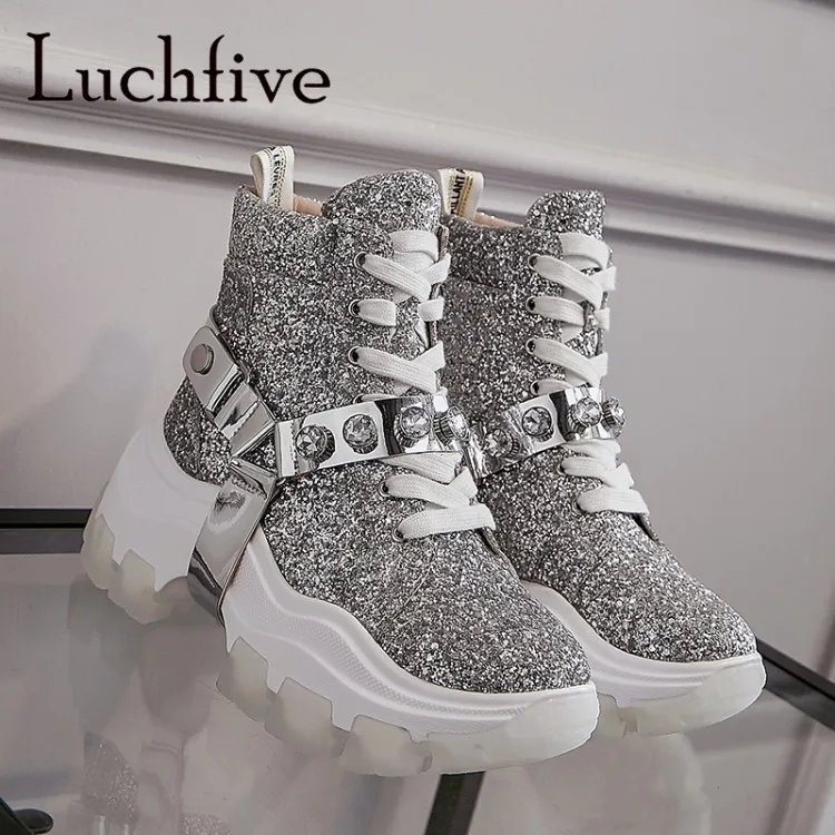 Silver Glittery Motorcycle Boots Height Increasing platform High Heels Botas Mujer Winter Women's Belted Ankle female | Обувь