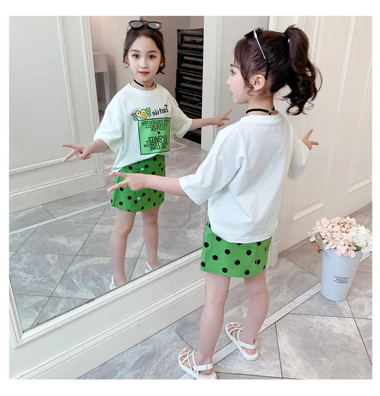 

Cotton Girls Clothing Sets Summer Short sleeve T shirt Two Piece Polka dots Skirt Suit Children Sets Girls Sport Clothes Outfits