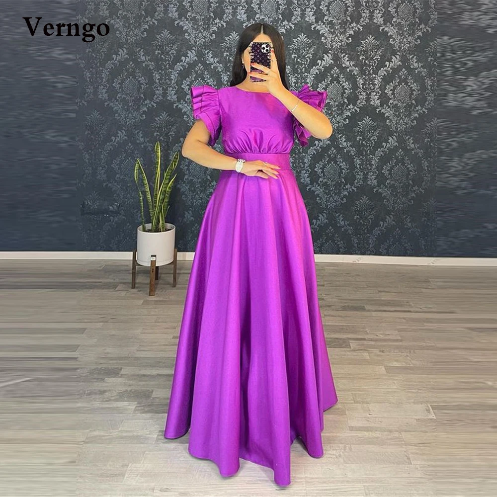 

Verngo 2021 Purple A Line Satin Long Prom Dresses Jewel Neck Ruffles Sleeves Floor Length Evening Gowns Mother Formal Dress