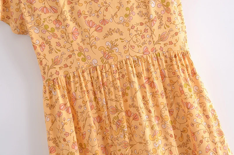 

Splend Moda 2021 Summer New Holiday Style V Neck Vintage Floral Print Button Short-Sleeve Folds Dress Women Fashion Vestido