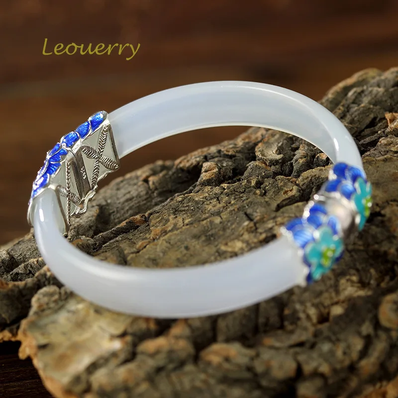 

Leouerry Agate Chalcedony Peony Flower Bangle 925 Sterling Silver Cloisonne Enamel Craft Open Bangle for Women Classical Jewelry
