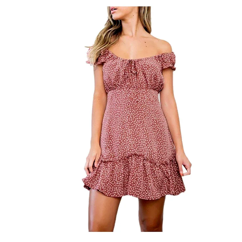 Женское Короткое платье в пляжном стиле розовое с вырезом лодочкой лето 2018 |