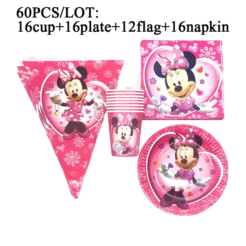 

Minnie Mouse Theme Birthday Party Decorations Kids Disposable Tableware Baby Shower Girl Birthday Party Supplies Flags Cup Plate