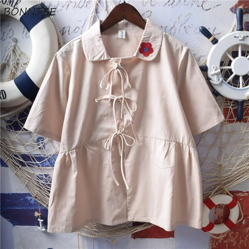

Blouses Women Japanese Preppy Style Short Sleeve Floral Embroidery Lace-up Kawaii Peter Pan Collar Ulzzang Trend Loose Blusas