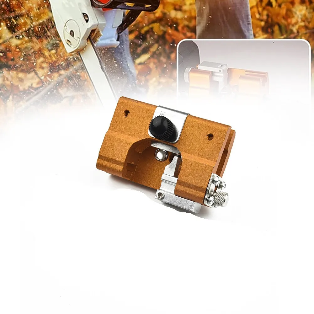 

Golden Aluminum Chainsaw Chain Sharpening Jig Chainsaw Sharpening Tools Hand Chain Grinder Portable Chain Clip Sharpener 9x7x7cm