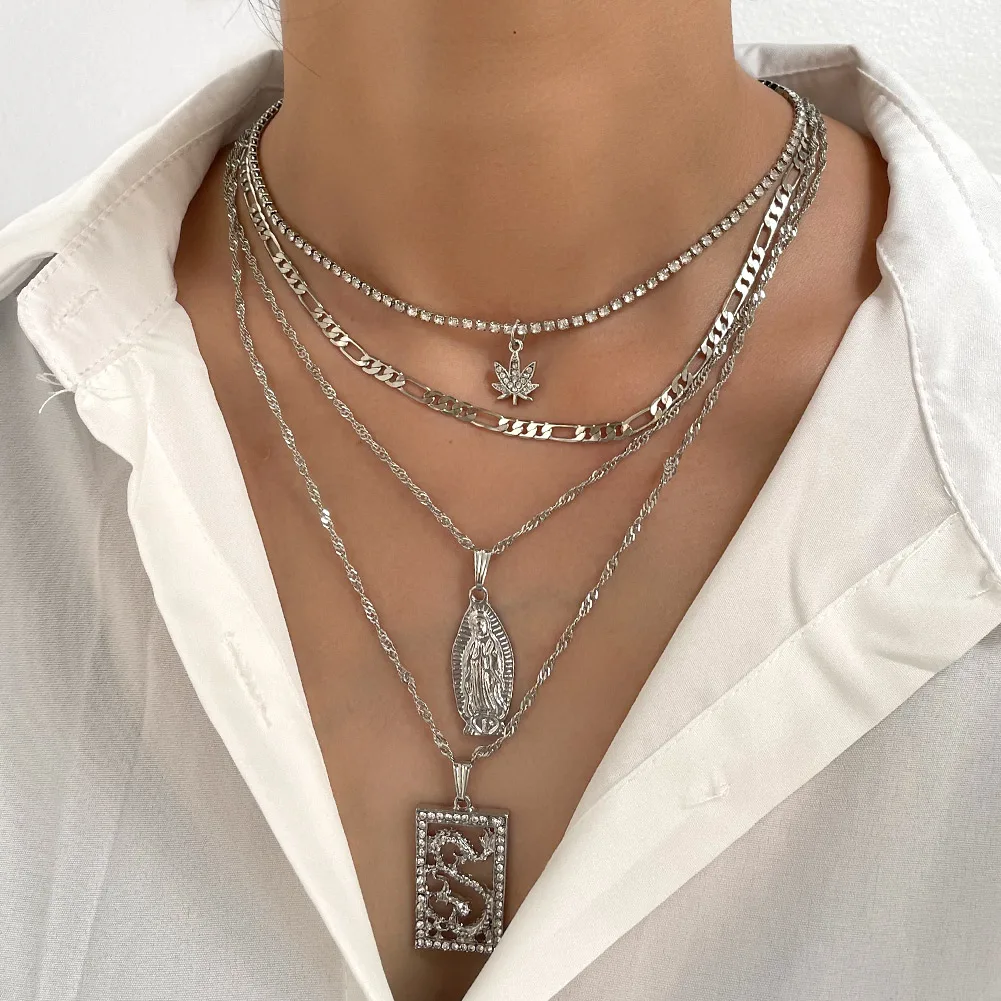 

Punk Multi Layered Crystal Dragon Pendant Necklace Rhinestone Chain for Women Silver Color Portrait Metal Chain Necklace Jewelry