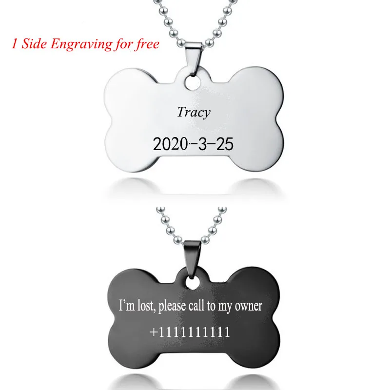 

Custom Pet Necklace Personalized Pet Custom Necklace Jewelry Dog Anti-Lost Pendant Engrave Name Dog CAT Tag Bone Shape 60CM