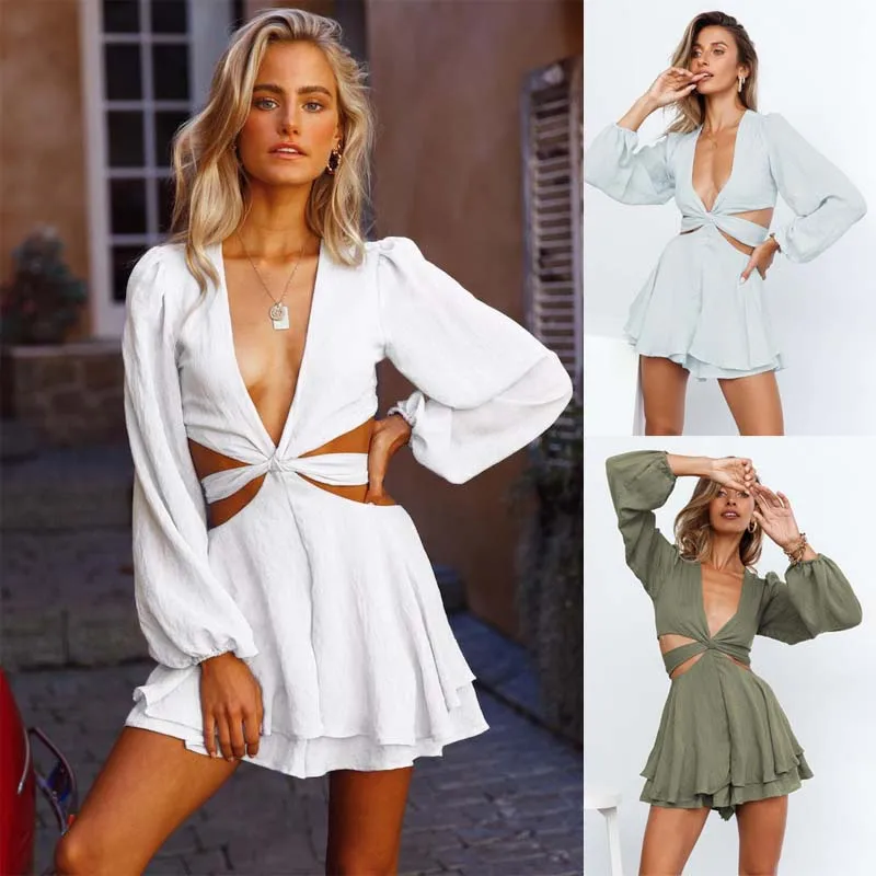 

Sexy Jumpsuits Hollow Out Deep V Neck Long Lantern Sleeve Ruffles Shorts Romper One Piece Outfits Mini Dress Overalls For Women