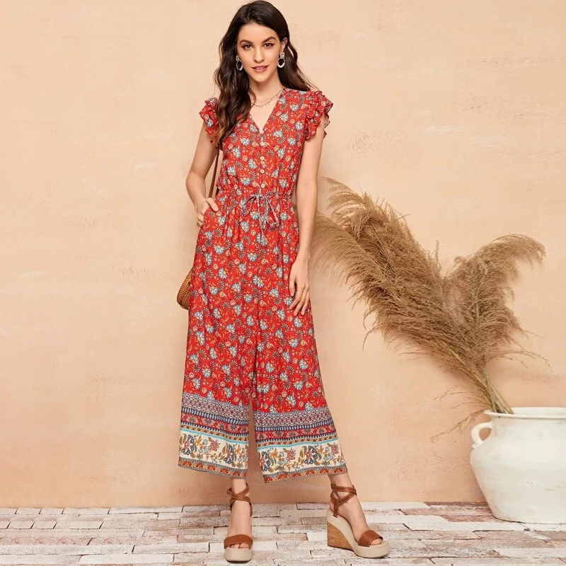 

Женский Длинный комбинезон с V-образным вырезом и воланом