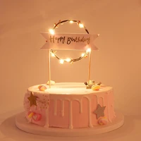 1pcs flower wreath cake topper led glowing happy birthday party baby shower decoration diy baking cake top flags insert supplies