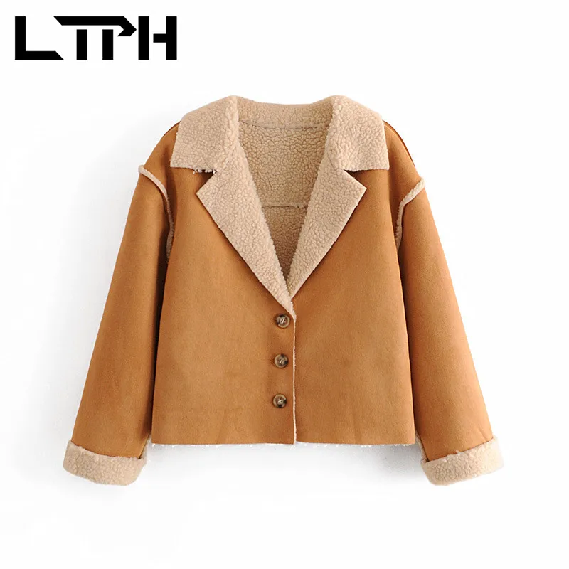 

LTPH vintage suede women jacket Loose Single Breasted warm lambswool Jackets Coats long sleeve Casual Outerwear 2021 Winter New