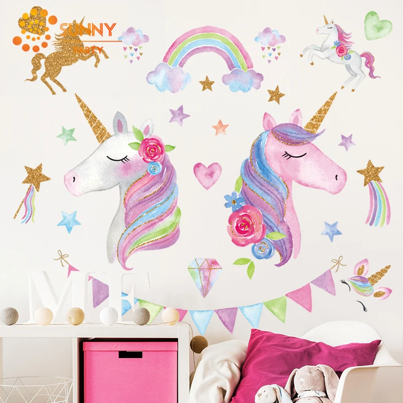 Красочная наклейка на стену в форме единорога для детей день рождения Единорог