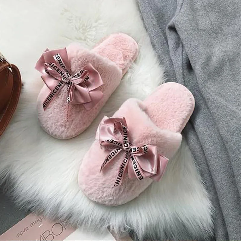 

Women Plush Home Slippers Cute Butterfly-knot Fur Warm Flat Girls Shoes Slip on Autumn Winter Indoor Furry Ladies Slides
