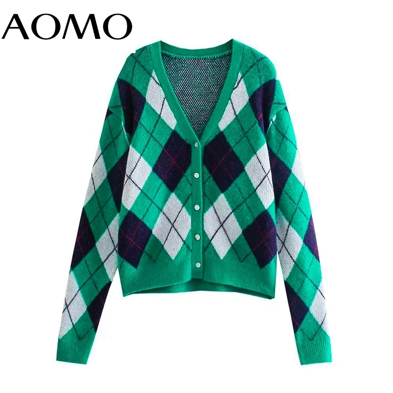 

AOMO 2021 Women Diamond Pattern Knitted Cardigan Sweater Jumper Vintage Long Sleeve Button-up Female Outerwear 3H909A