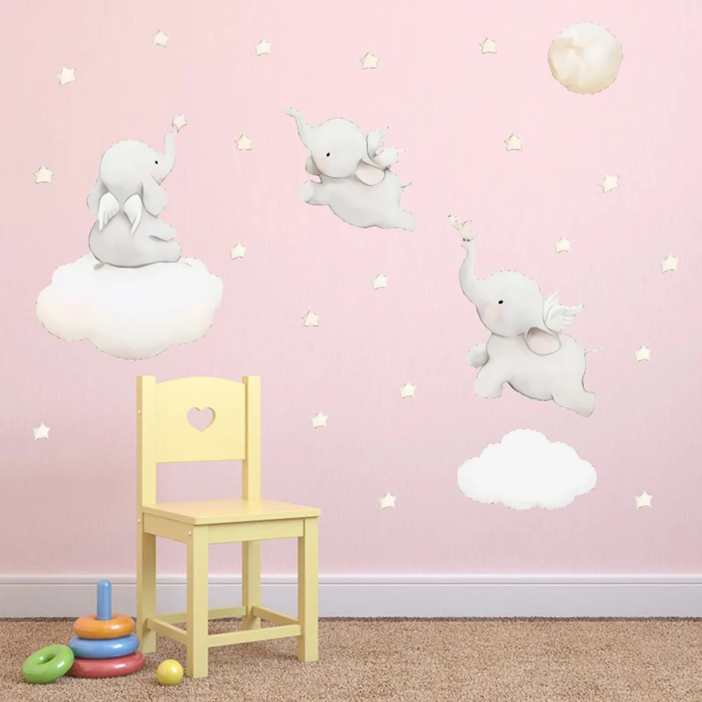 Cute Cartoon Stars Cloud Wall Stickers Elephant Animal Sticker Baby Kids Room Decoration Nordic Style Nursery Vinyl Decals | Дом и сад