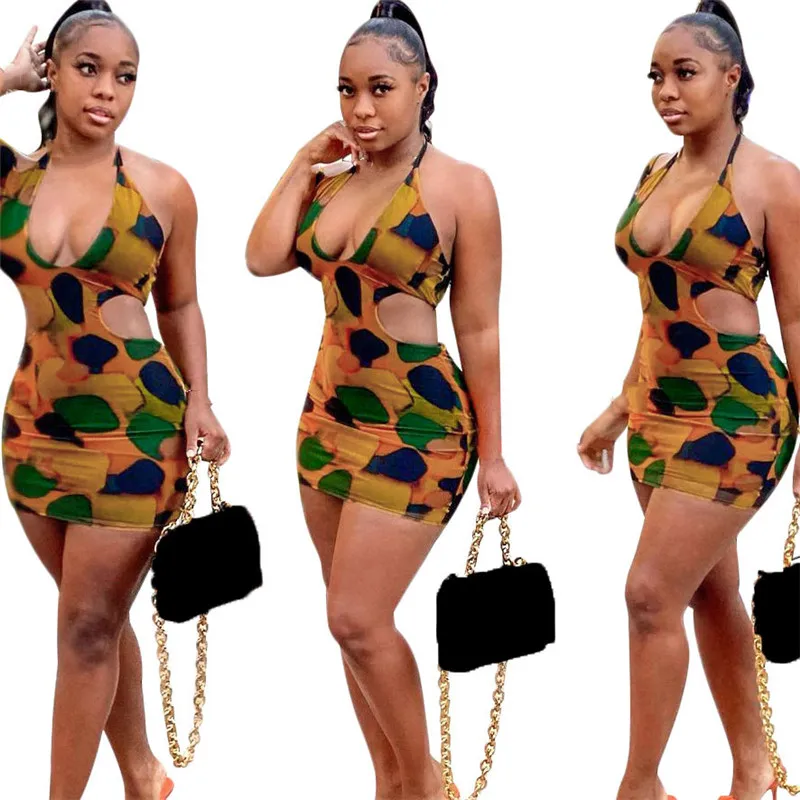 

WUHE красочный принт мини облегающее ажурное Холтер без рукавов с открытыми плечами пакет бедра шнуровка повседневные Клубные вечерние женс...