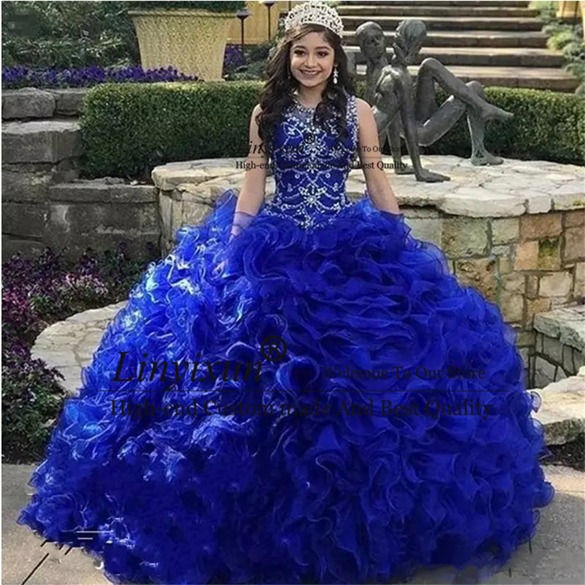 

Royal Blue Tiered Cascading Ruffles Quinceanera Dresses 2022 Jewel Neck Sweet 16 Dress Crystal Beaded Organza Vestidos 15 anos