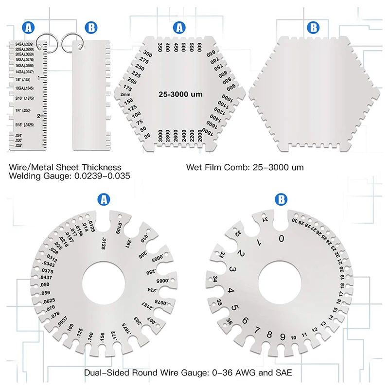 

3 Pcs Stainless Steel Welding Gauge Set Wet Film Comb Wire Metal Sheet Thickness Gauge Round Dual-Sided Wire