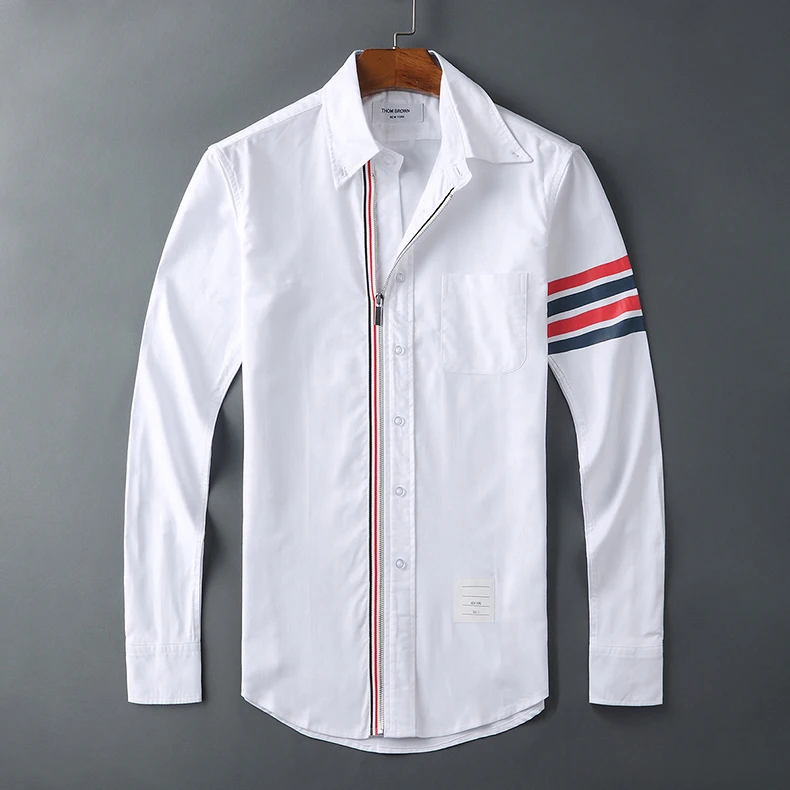 

TB THOM BULUO Fashion Brand Shirts Men Slim White Long Sleeve Casual Shirt Turn Down Collar Oxford Zipper Solid Men's Clothing