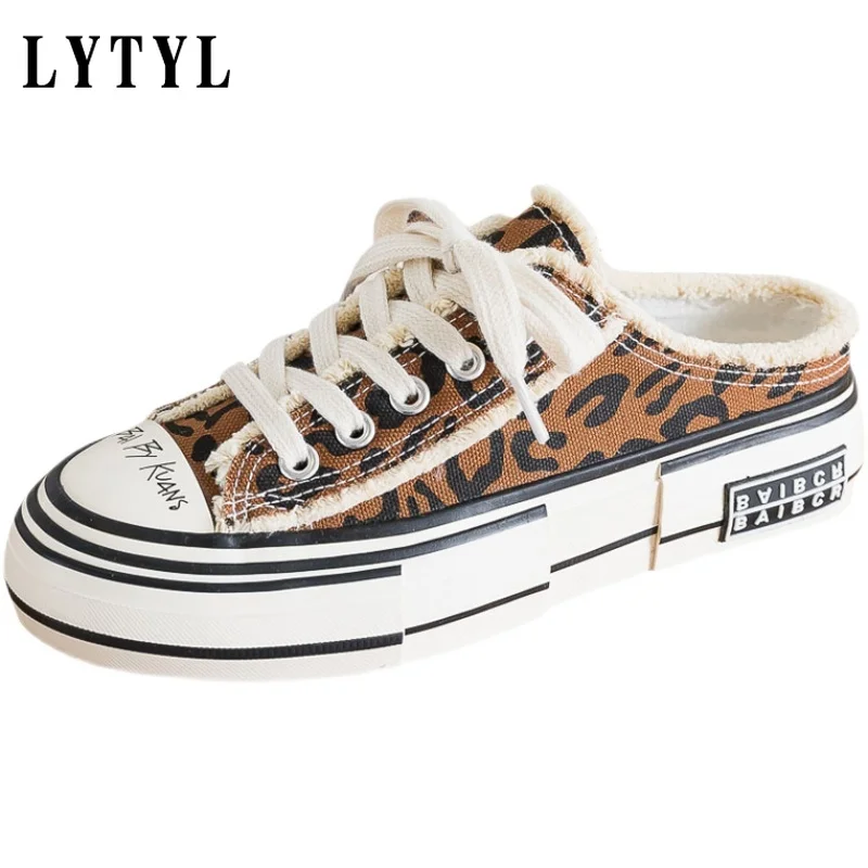 

Woman Fashion Shoes Canvas Vulcanized Gumshoes Zebra Cow Print No Back Sneakers Chic Stylish Casual Shoes Leopard Good B20-767
