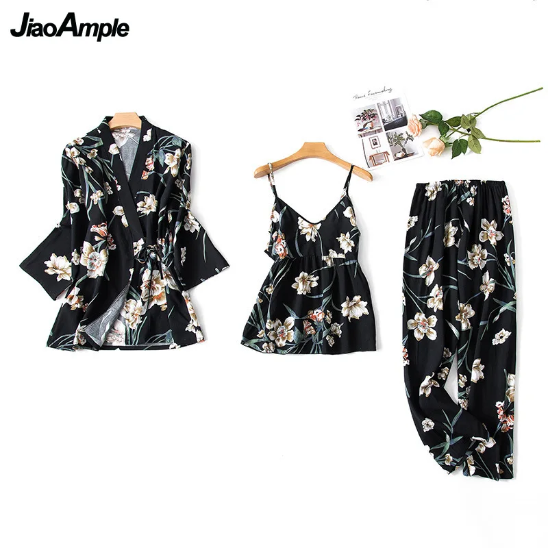 Pajamas Women Cotton Silk Printed Long-Sleeved Trousers Pijamas Set 2022 New Summer Sexy Three-Piece Kimono Sleepwear Homewear