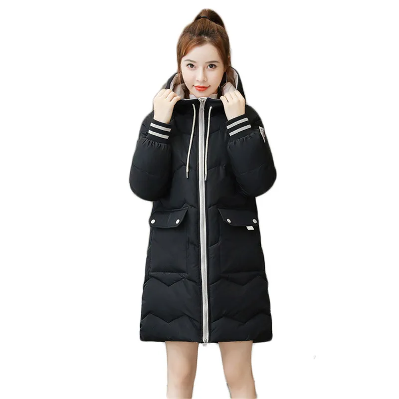 

Solid Autumn Winter Coat Women 2021 New Zipper Hooded Cotton Jacket Korean Casual Loose Parkas Middle Long Warm Coats Female Y4