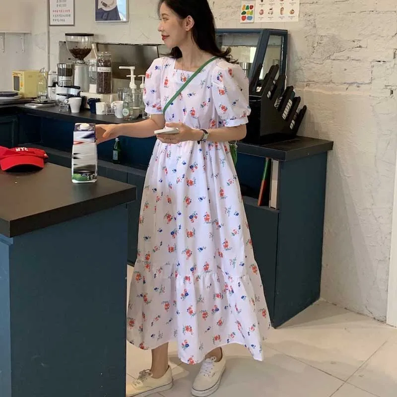 Vestido de verano de una pieza con manga abombada, estampado de volantes, Coreano elegante, suelto e informal, francés, 2021