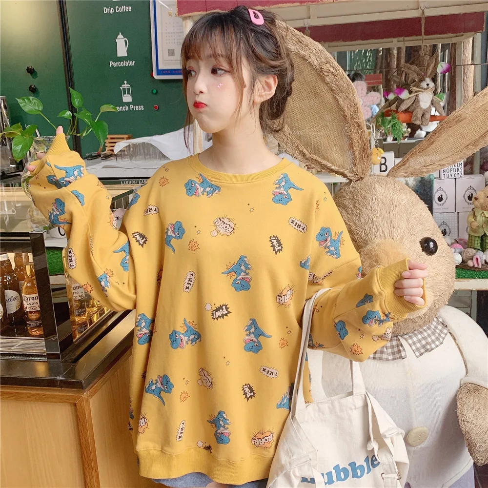 Осень, новинка, женский модный свитер Harajuku, повседневный свободный свитер большого размера с рисунком динозавра из мультфильма тираннозавра, толстовки, кавайный пуловер - Цвет: yellow