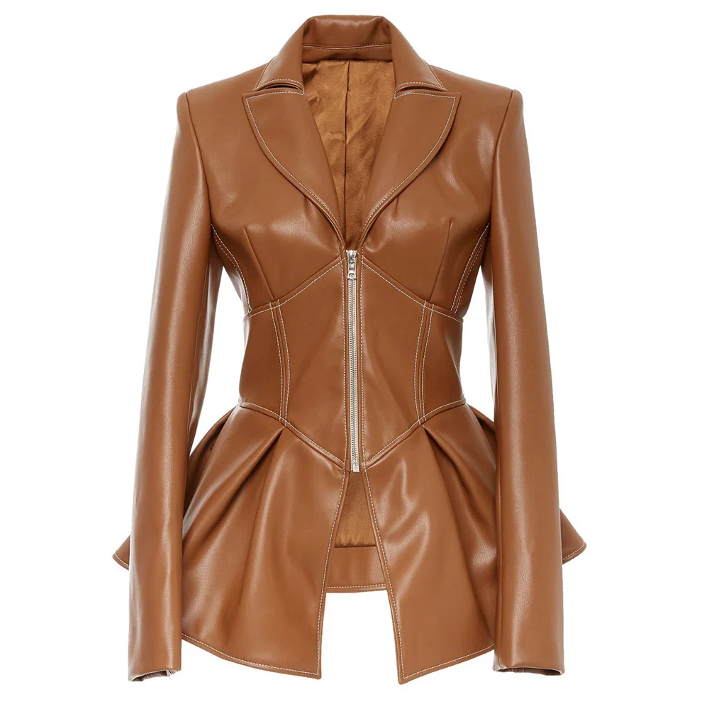 PU Jackets for Womens Solid Zipper Full Sleeve Slim A Line Notched Collar Luxury Elegant High Street Wear Outwears Coats Jackets