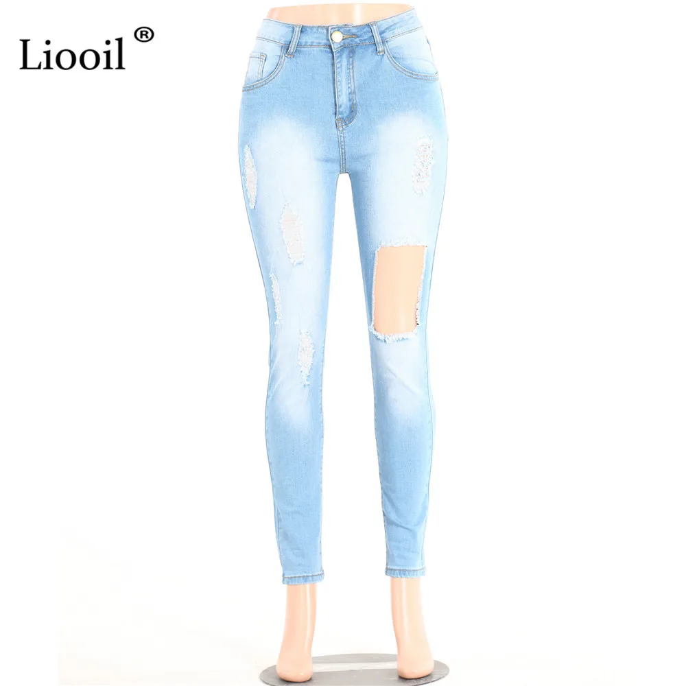 

Liooil Blue Sexy Skinny Ripped Jeans For Women Streetwear High Waist Hole Jean Trousers With Pockets Wash Distressed Denim Pants