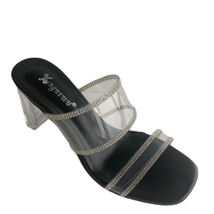 

Glitter Slides Low Slippers Women Summer Transparent Heel Sliders Shoes Fashion Square Toe Pantofle Heeled Mules Jelly Luxury Bl