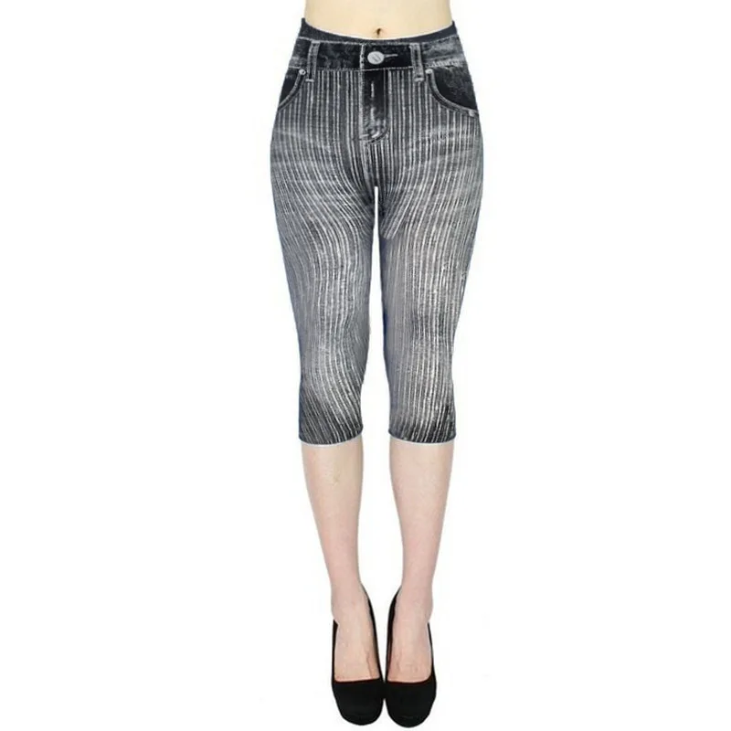 

Dreamlikelin Women Denim Print Leggings Fashion Slim Leggings Faux Jeans Leggings Stretch Printed Short Leggings Pants Summer Br