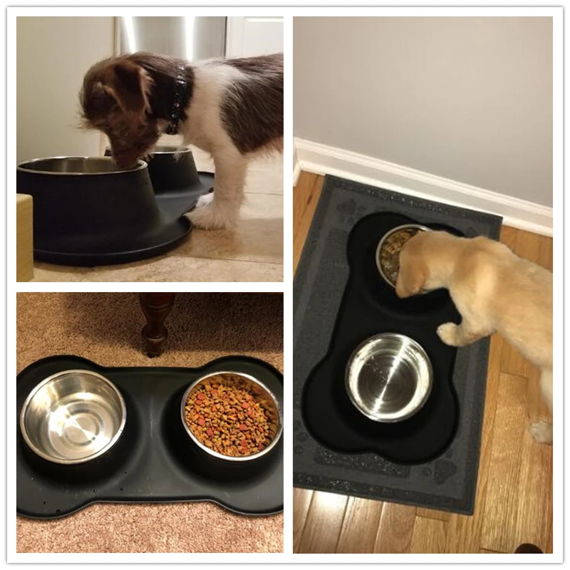 

SKTN Antislip Double Dog Bowl With Silicone Mat Durable Stainless Steel No Spill Pet Feeding Bowl Drinking Water Food Feeder