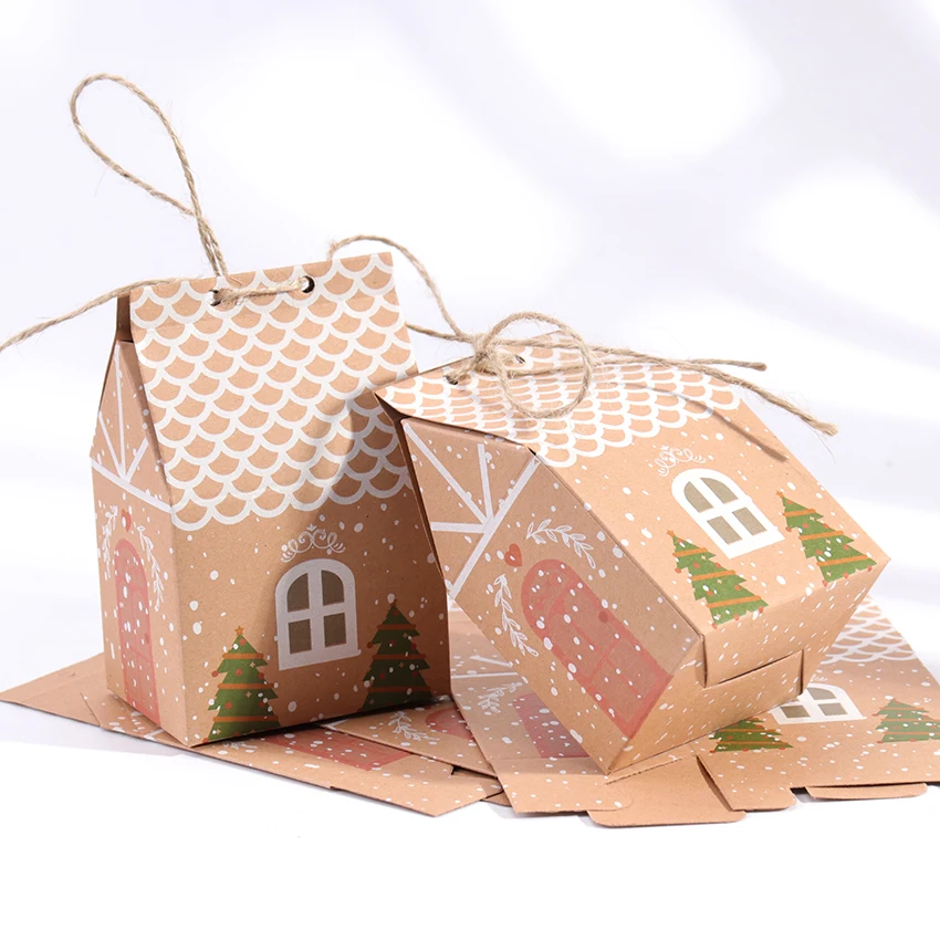 

10PCS Kraft Paper House Shape With Ropes Candy Gift Bags Cookie Bags Packaging Boxes Christmas Tree Pendant Party Decor