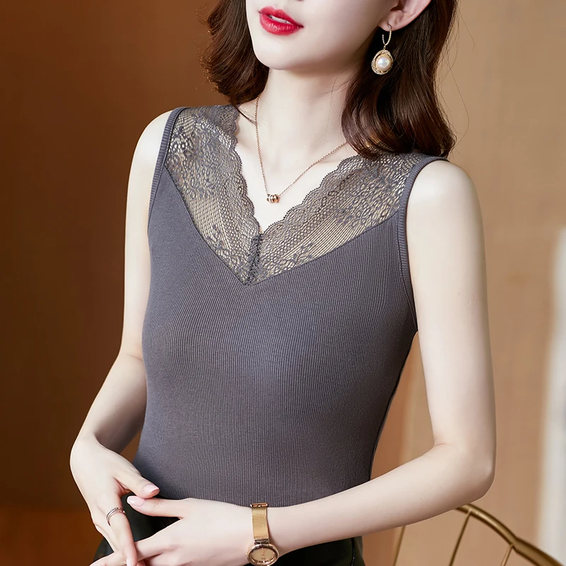 

2021 summer new style modal sleeveless vest ladies inner and outer women's simple splicing lace V-neck solid color vest
