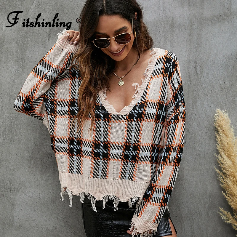 

Fitshinling Plaid Oversize Women Sweater Knitwear Boho Vintage Jumper Knitwear Fringe Fashion Sexy V Neck Pull Femme Mujer Sale
