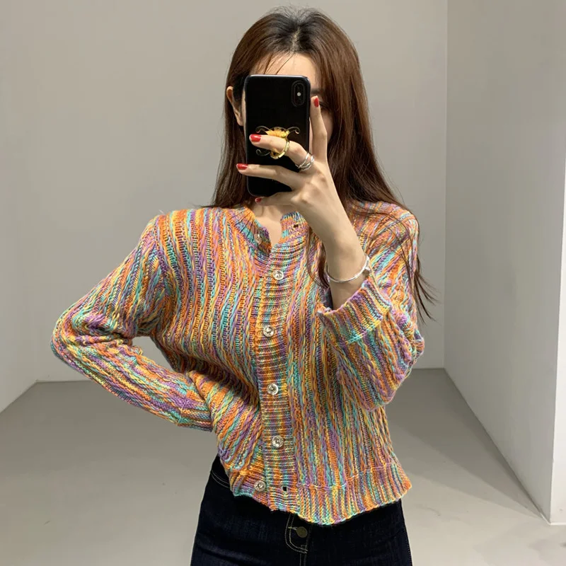 

Korean chic retro cardigan jacket women's knit cute sweater autumn loose outerwear Japan style rainbow striped sweater