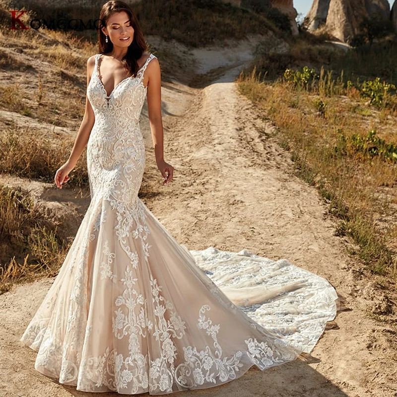 

Luxury Sweetheart Neck Cathedral Train Mermaid Wedding Dress Elegant Embroidery Appliques Tulle Spaghetti Straps Bridal Gown