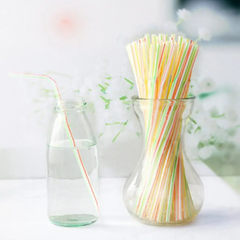 

100pcs Disposable Bendable Straws Flexible Plastic Straws Striped Multi-Color Rainbow Straws Birthday Celebration