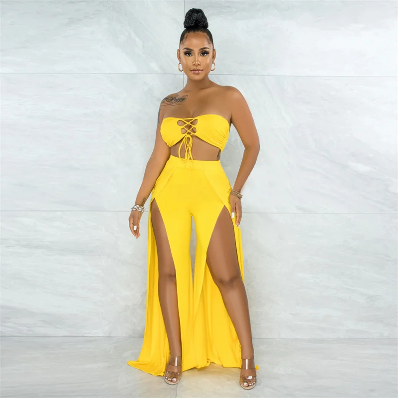 

2021 Summer Women's New Suits Soft Knit Tube Top Mesh Lace-up Jumpsuit Split Wide Leg Pants Suit Sexy Jumpsuit Clubwear