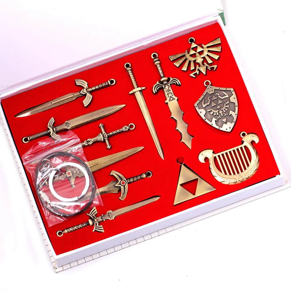 12pcs/set The-Legend-of-Zeldas Weapon Model Pendant Necklace Keychain Sets Vintage Metallic Gadget Fashion Collectible Jewelry